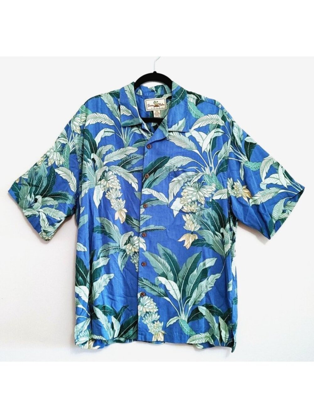 Seven Palm Brand Silk Hawaiian Shirt Men's Large Blue Short Sleeve Button Up